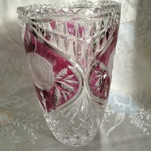 🌸 German  Glass Lead Crystal Vase Cranberry Floral Rose